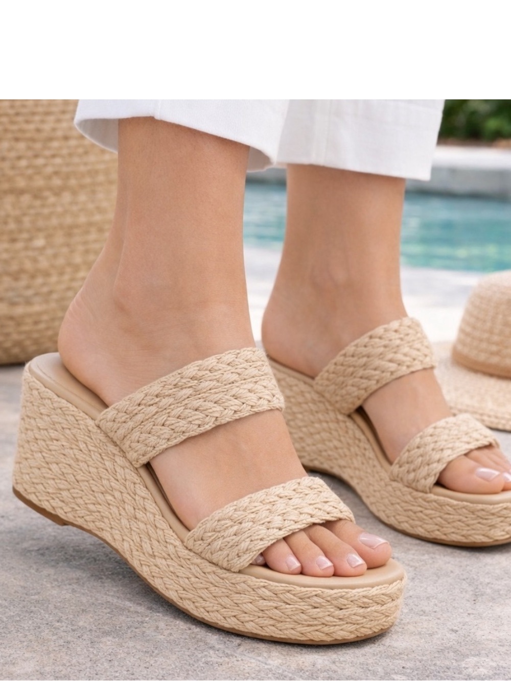 ON 34th Norinarf Raffia Platform Wedge Sandals Womens 9.5M Natural Resort NEW